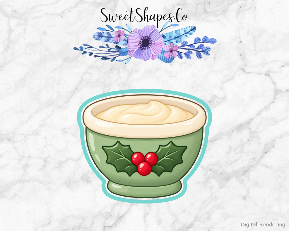 Holly Mixing Bowl cookie cutter artwork with teal cutting outline — part of the Cozy Christmas Bakery set