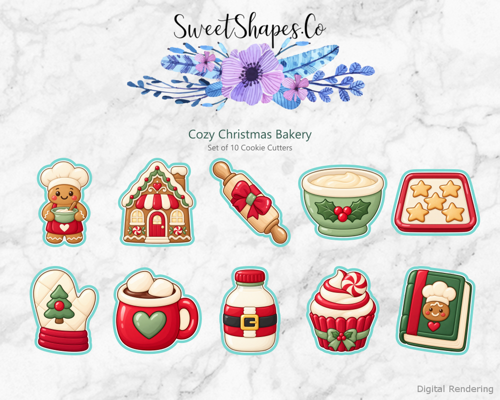 Cozy Christmas Bakery set of ten cookie cutters with festive artwork and teal cutting outlines