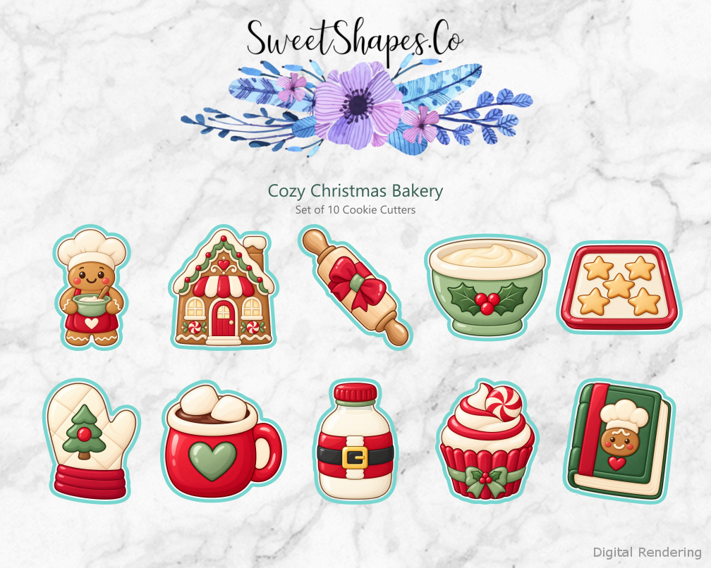 Cozy Christmas Bakery set of ten cookie cutters with festive artwork and teal cutting outlines