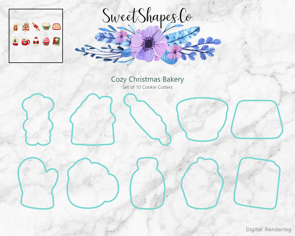Cutting outlines for the ten-piece Cozy Christmas Bakery cookie cutter set