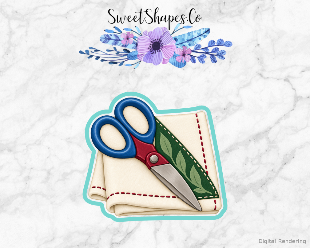 Quilt Circle Closed Shears Fabric cookie cutter artwork with teal cutting outline - part of the Cozy Quilting Circle set