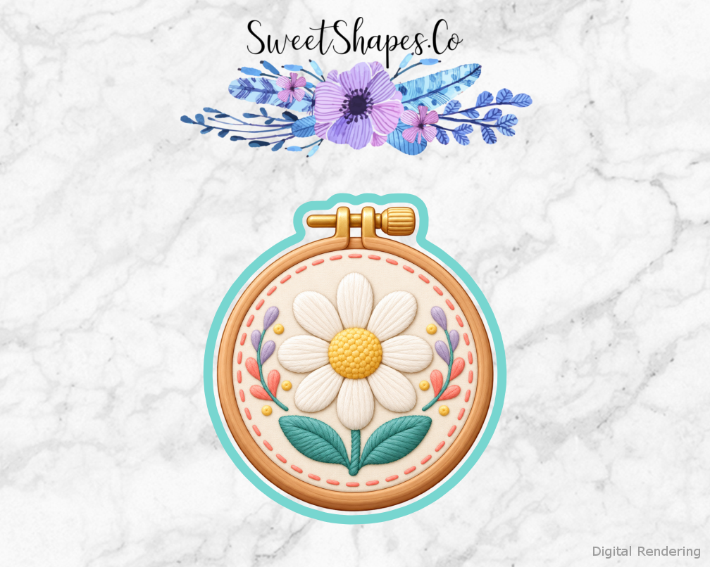 Craft Room Embroidery Hoop with Daisy cookie cutter artwork with teal cutting outline - part of the Craft Room Creative Day set