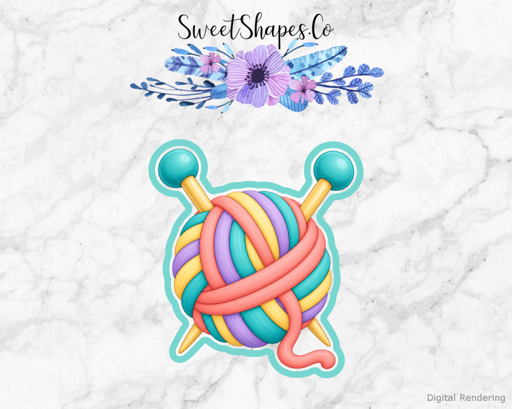 Craft Room Yarn Ball with Knitting Needles cookie cutter artwork with teal cutting outline - part of the Craft Room Creative Day set