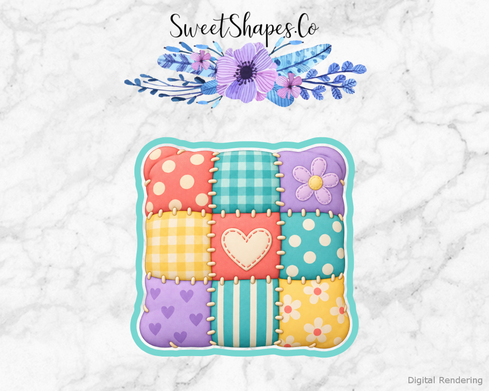 Craft Room Fabric Patchwork Square cookie cutter artwork with teal cutting outline - part of the Craft Room Creative Day set