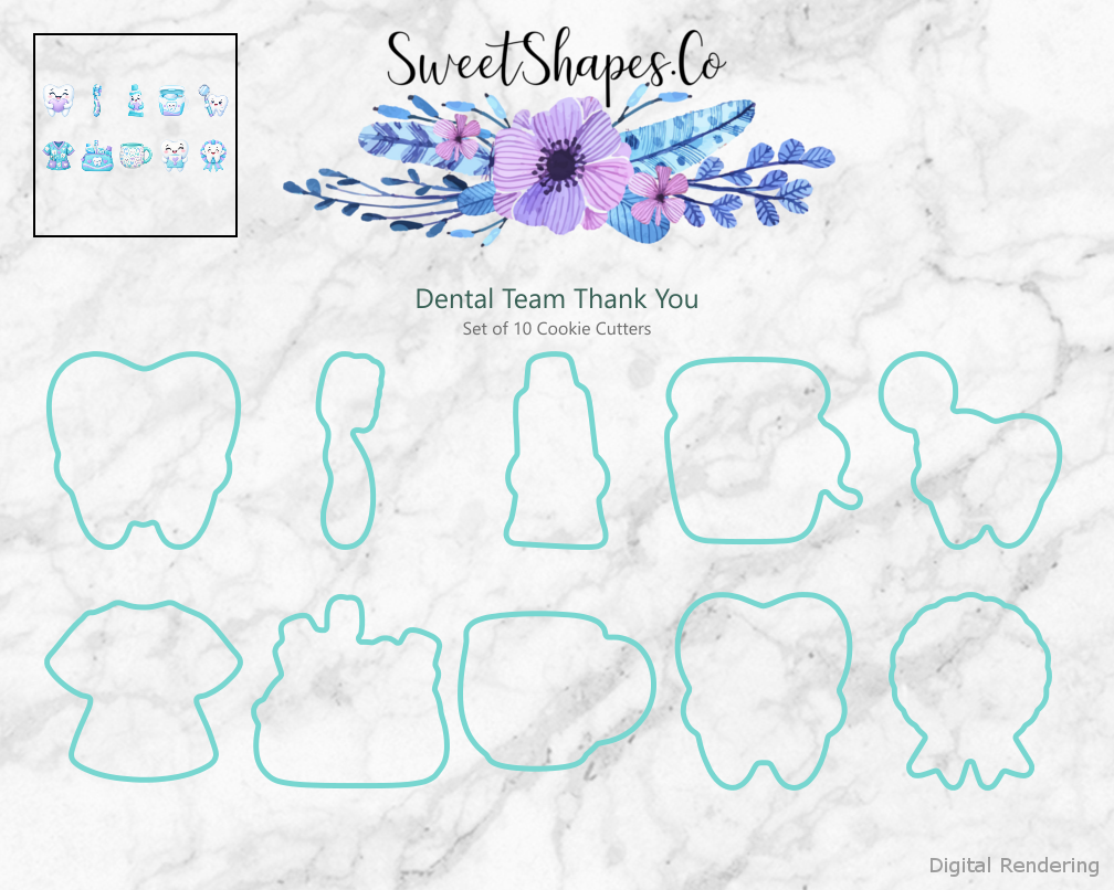 Dental Team Thank You Cookie Cutters - Set of 10 - cutting outline overview