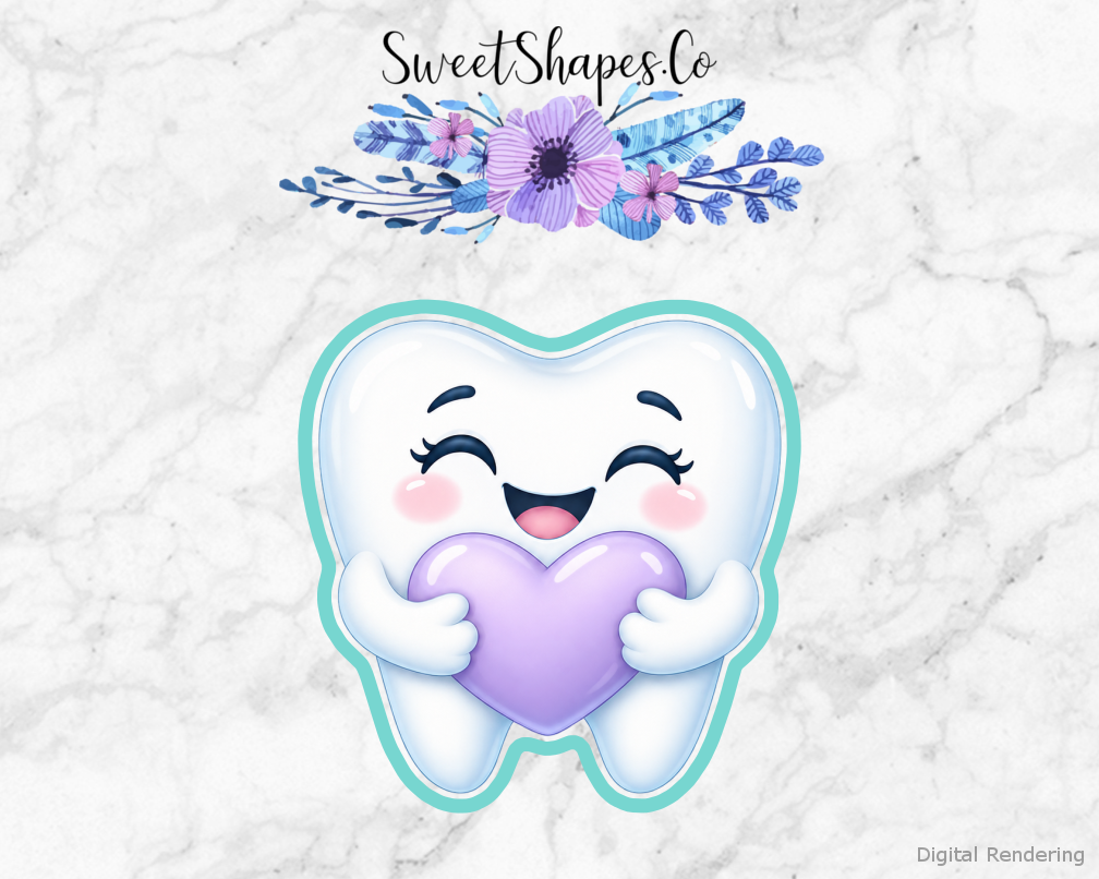 Dental Thanks Smiling Tooth with Heart cookie cutter artwork with teal cutting outline - part of the Dental Team Thank You set
