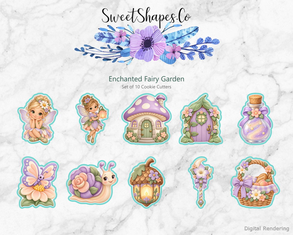 Enchanted Fairy Garden Cookie Cutters - Set of 10 - full colour overview with cutting outlines