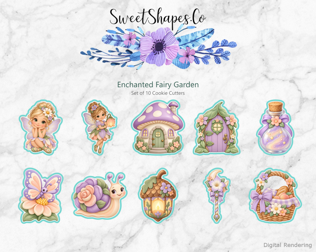 Enchanted Fairy Garden Cookie Cutters - Set of 10 - full colour overview with cutting outlines