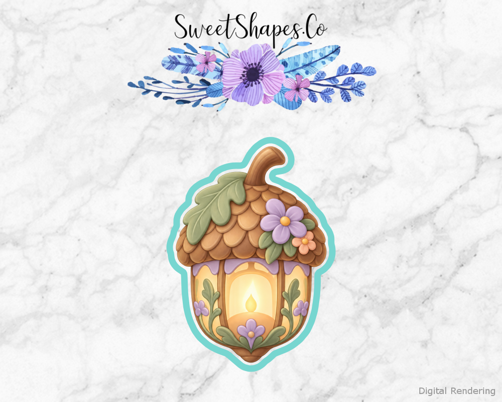 Fairy Garden Acorn Lantern cookie cutter artwork with teal cutting outline - part of the Enchanted Fairy Garden set