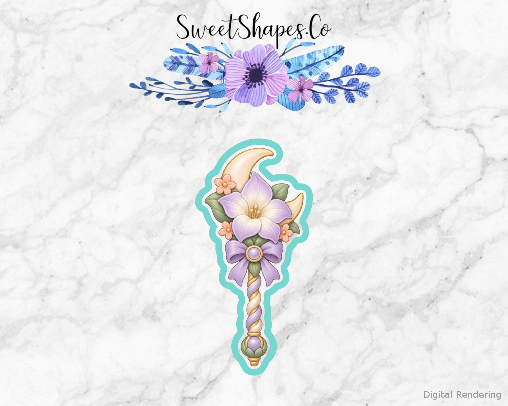 Fairy Garden Moonflower Wand cookie cutter artwork with teal cutting outline - part of the Enchanted Fairy Garden set