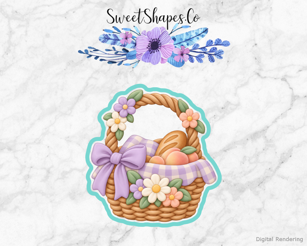 Fairy Garden Petal Picnic Basket cookie cutter artwork with teal cutting outline - part of the Enchanted Fairy Garden set