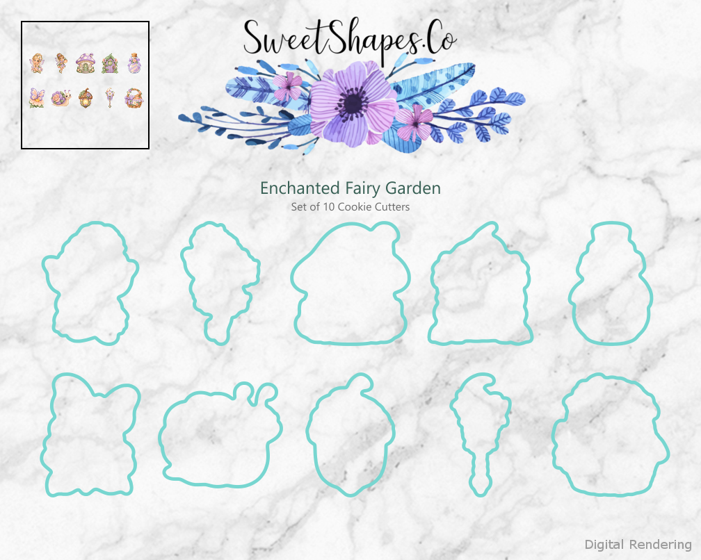 Enchanted Fairy Garden Cookie Cutters - Set of 10 - cutting outline overview