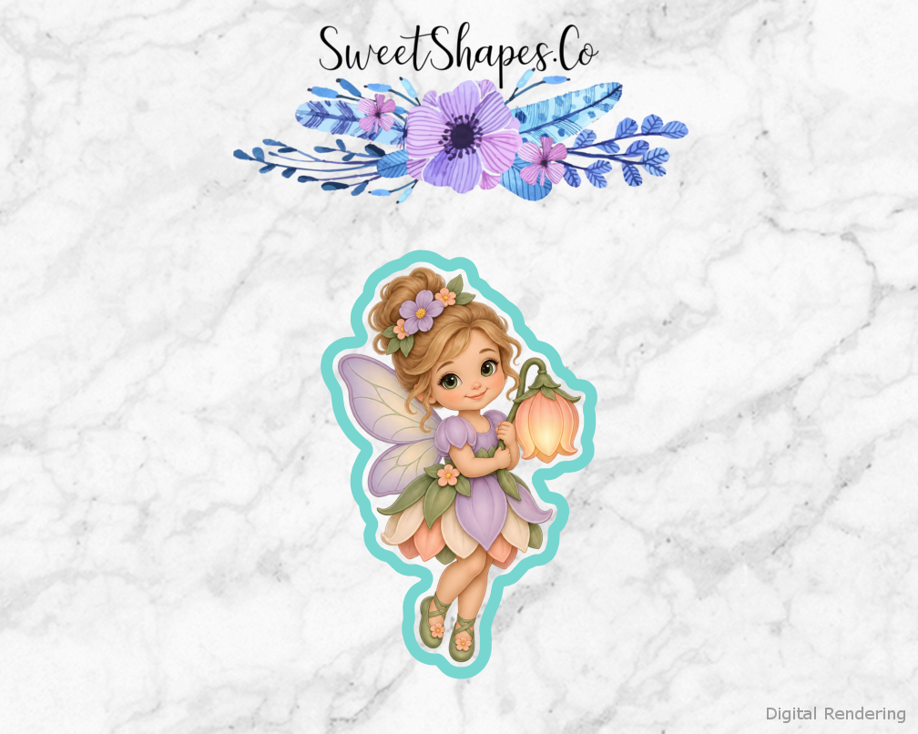 Fairy Garden Fairy with Tulip Lantern cookie cutter artwork with teal cutting outline - part of the Enchanted Fairy Garden set