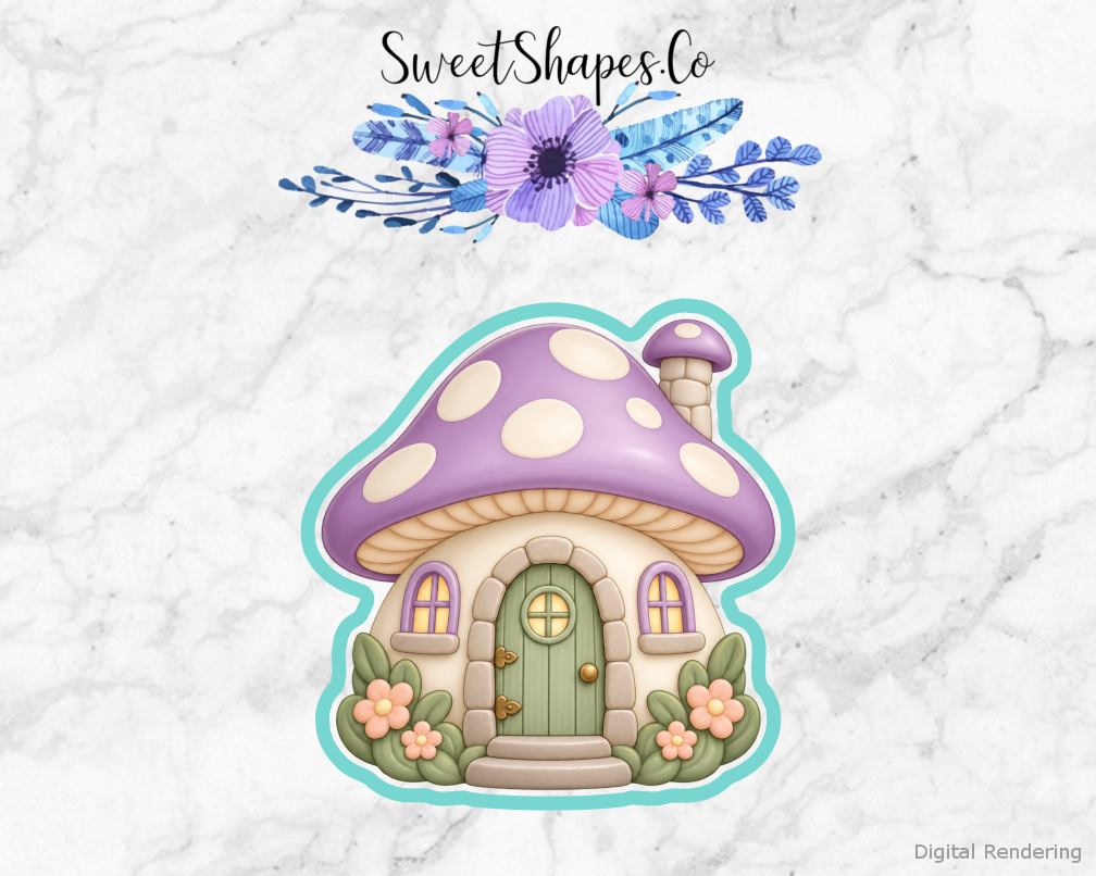 Fairy Garden Toadstool Cottage with Door cookie cutter artwork with teal cutting outline - part of the Enchanted Fairy Garden set