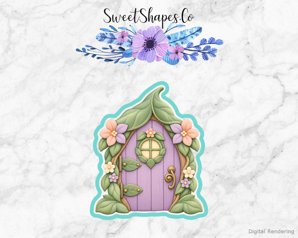Fairy Garden Leaf Fairy Door cookie cutter artwork with teal cutting outline - part of the Enchanted Fairy Garden set