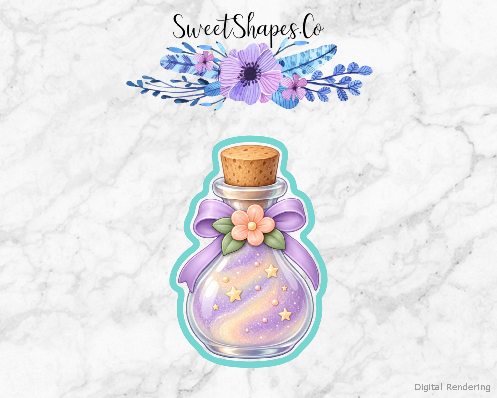 Fairy Garden Fairy Dust Bottle with Cork cookie cutter artwork with teal cutting outline - part of the Enchanted Fairy Garden set