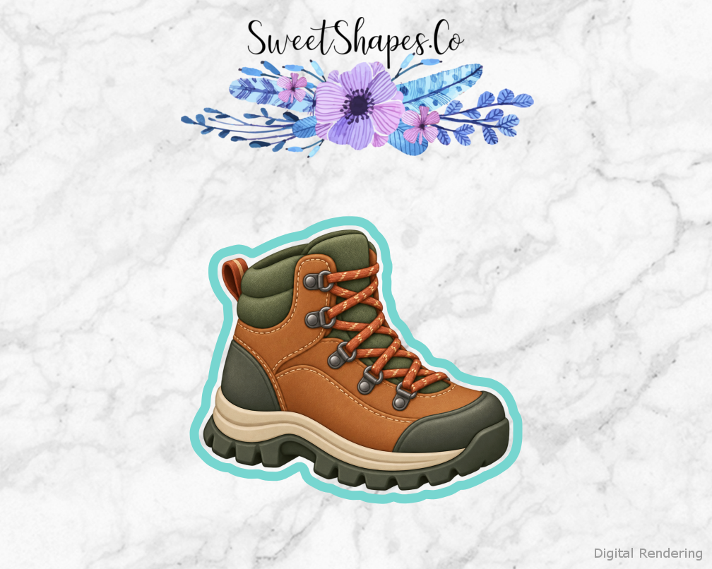 Camp Adventure Hiking Boot cookie cutter artwork with teal cutting outline - part of the Family Camping Adventure set