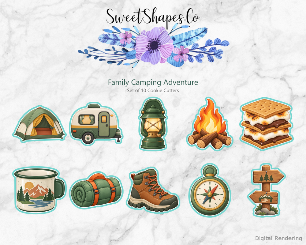 Family Camping Adventure Cookie Cutters - Set of 10 - full colour overview with cutting outlines