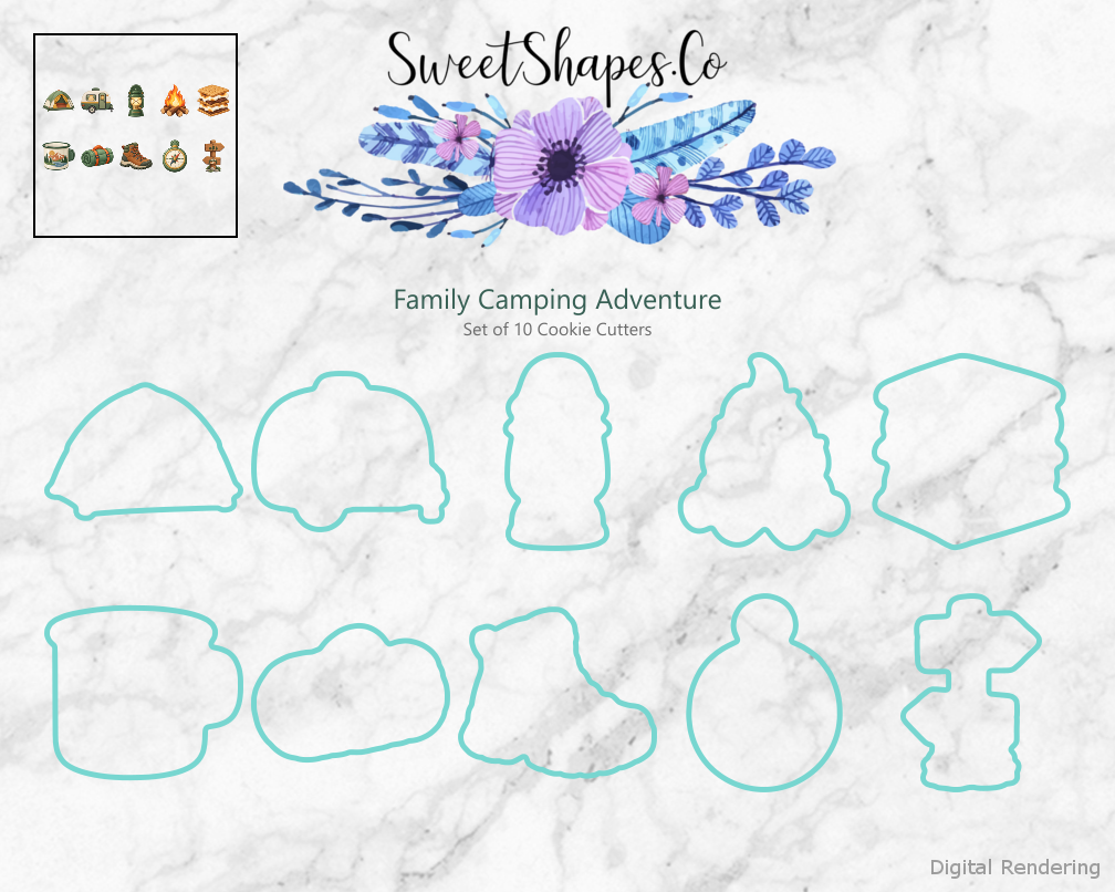 Family Camping Adventure Cookie Cutters - Set of 10 - cutting outline overview