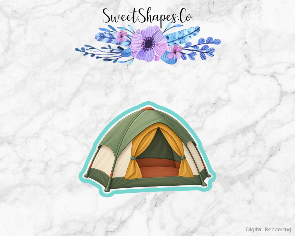 Camp Adventure Dome Tent cookie cutter artwork with teal cutting outline - part of the Family Camping Adventure set