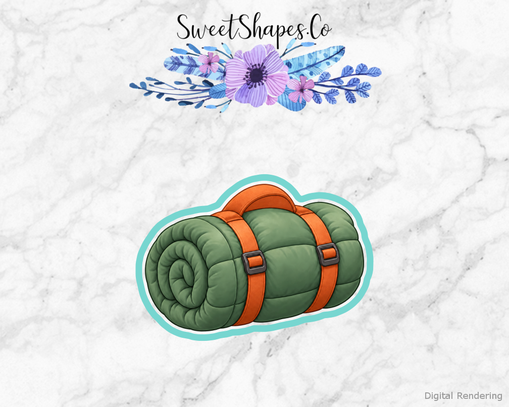 Camp Adventure Rolled Sleeping Bag cookie cutter artwork with teal cutting outline - part of the Family Camping Adventure set