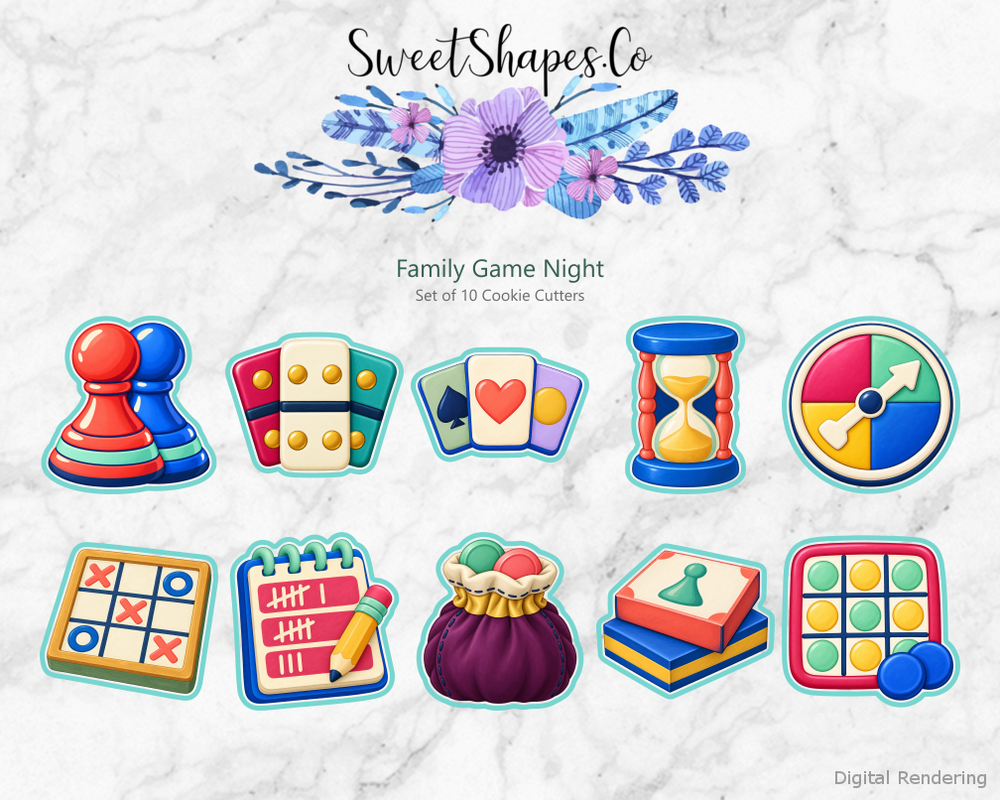 Family Game Night Cookie Cutters - Set of 10 - full colour overview with cutting outlines