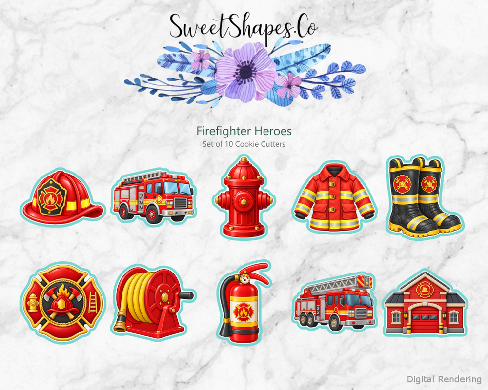 Firefighter Heroes Cookie Cutters - Set of 10 - full colour overview with cutting outlines
