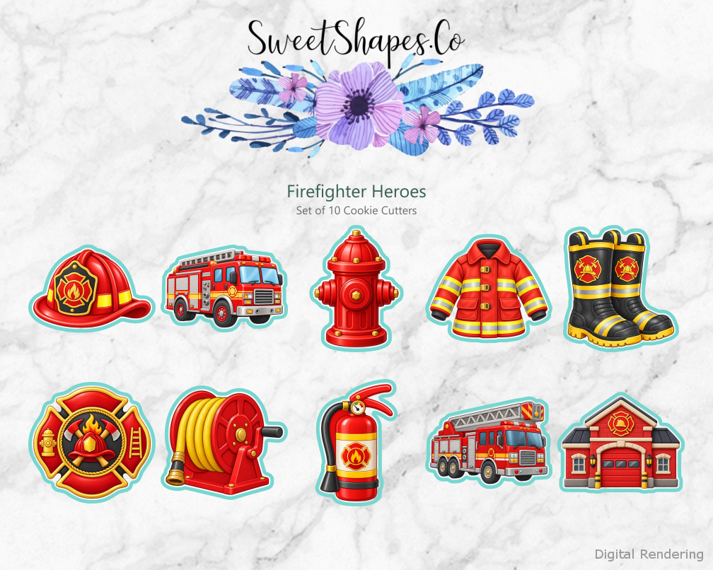 Firefighter Heroes Cookie Cutters - Set of 10 - full colour overview with cutting outlines