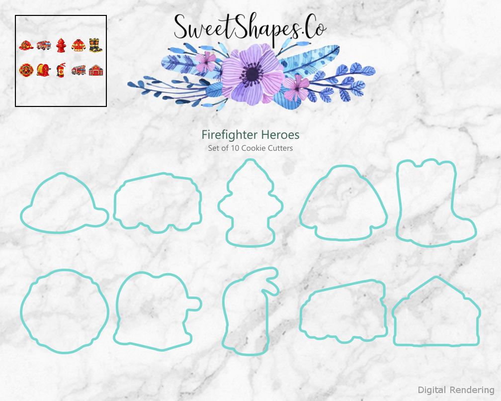Firefighter Heroes Cookie Cutters - Set of 10 - cutting outline overview