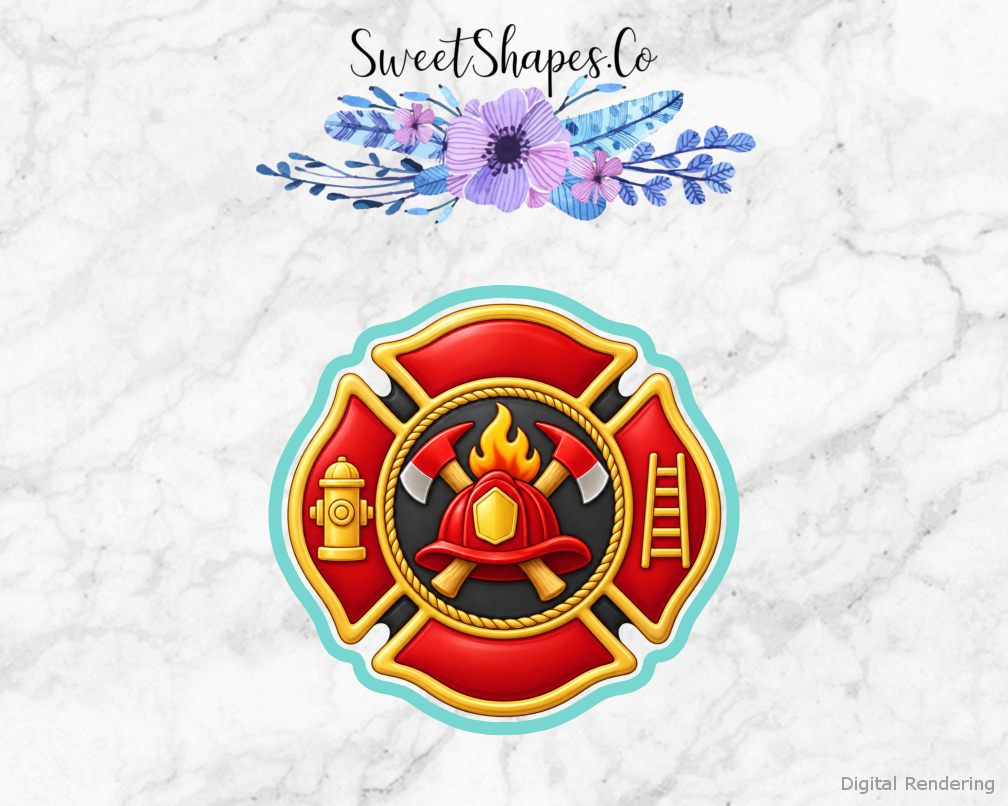 Fire Hero Firefighter Badge cookie cutter artwork with teal cutting outline - part of the Firefighter Heroes set