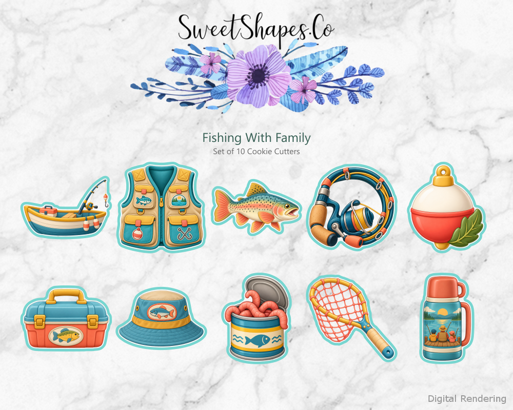 Fishing With Family Cookie Cutters - Set of 10 - full colour overview with cutting outlines