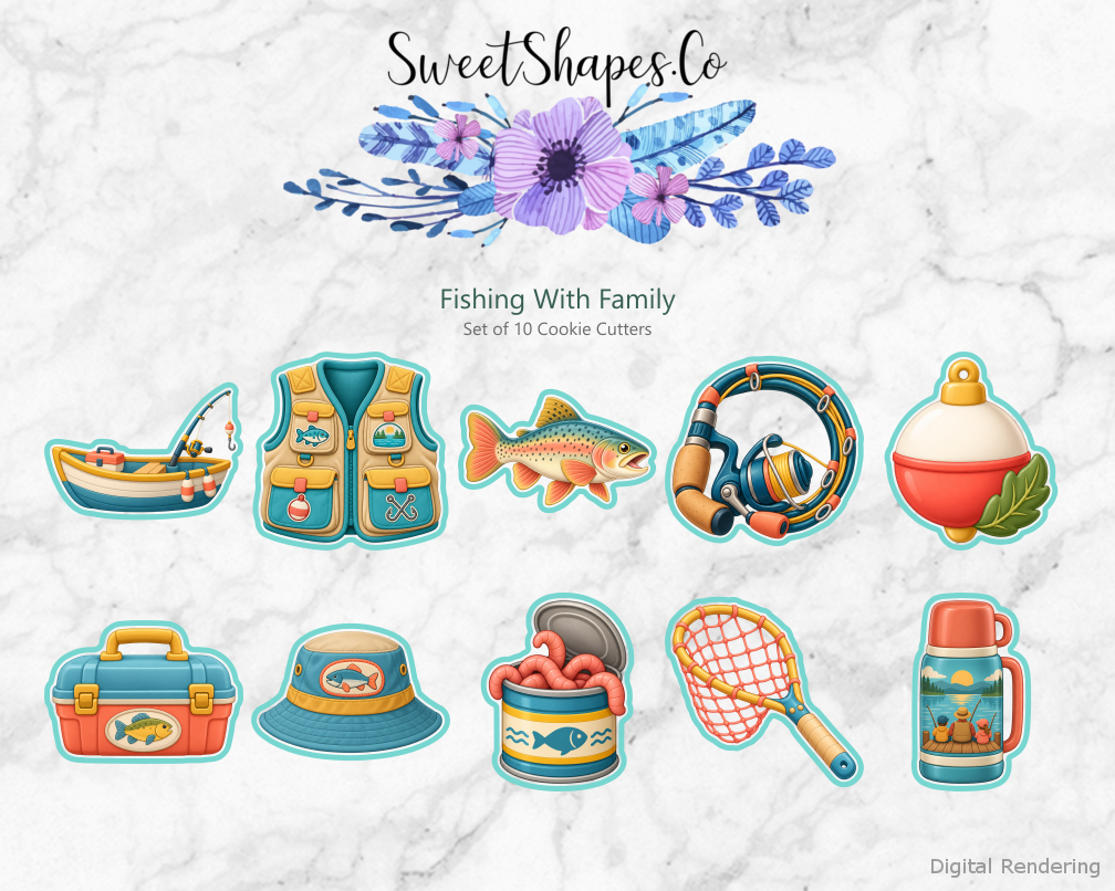 Fishing With Family Cookie Cutters - Set of 10 - full colour overview with cutting outlines
