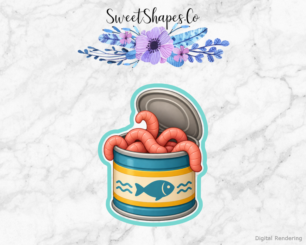 Family Fishing Worm Bait Tin cookie cutter artwork with teal cutting outline - part of the Fishing With Family set