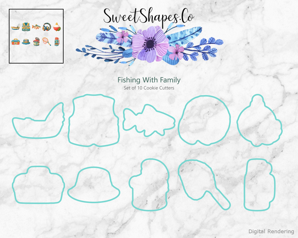 Fishing With Family Cookie Cutters - Set of 10 - cutting outline overview