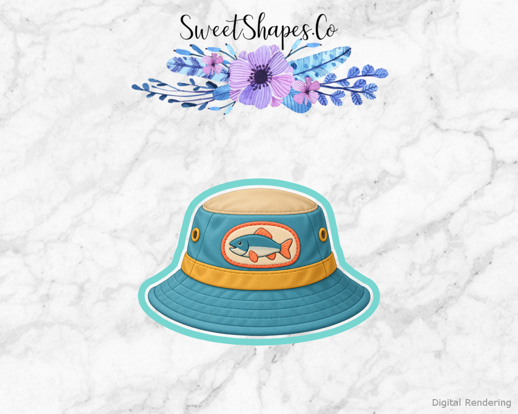 Family Fishing Bucket Hat with Fish Patch cookie cutter artwork with teal cutting outline - part of the Fishing With Family set