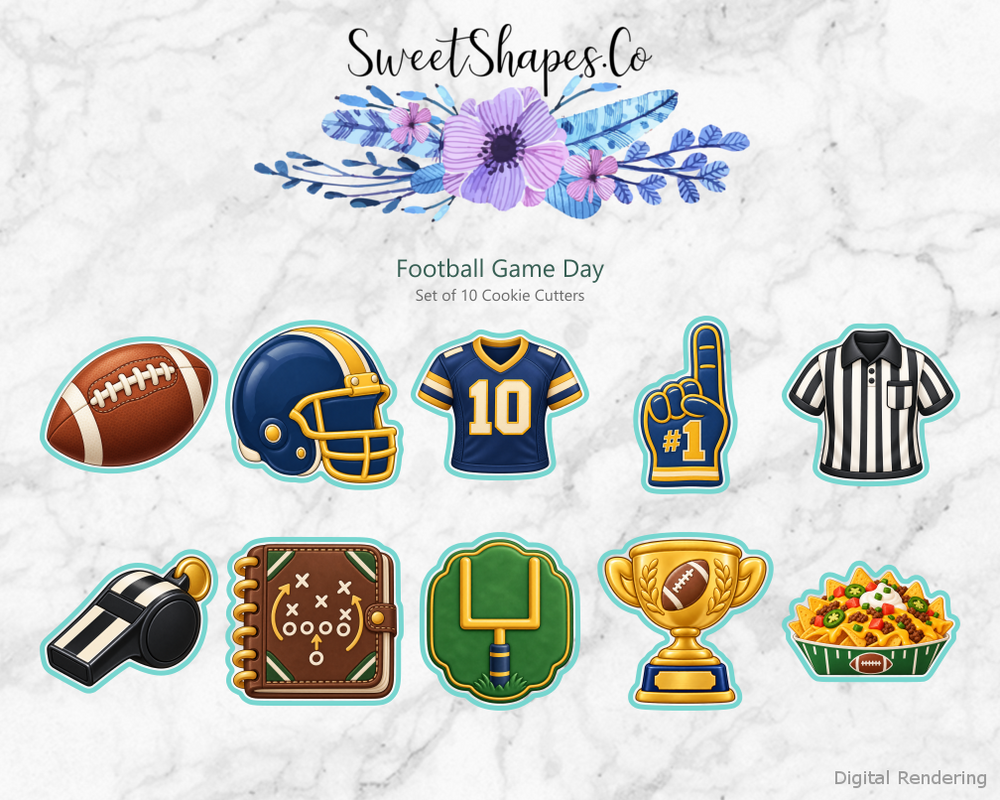 Football Game Day Cookie Cutters - Set of 10 - full colour overview with cutting outlines