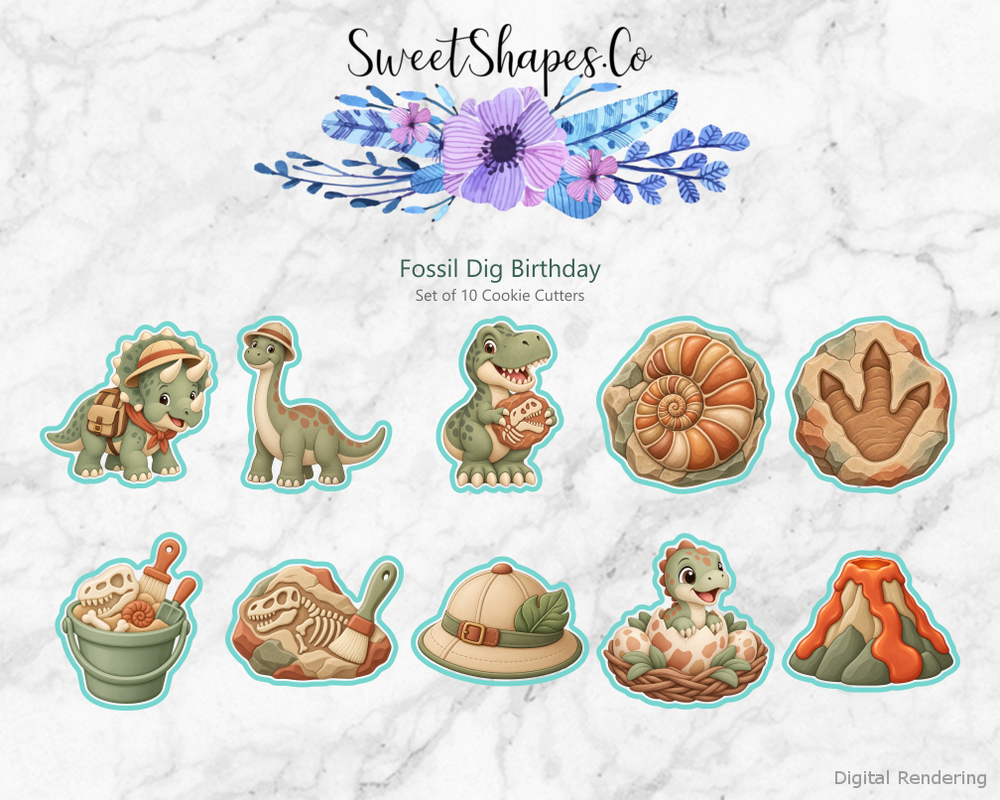 Fossil Dig Birthday Cookie Cutters - Set of 10 - full colour overview with cutting outlines