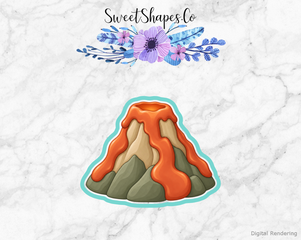 Fossil Dig Volcano with Broad Lava Bands cookie cutter artwork with teal cutting outline - part of the Fossil Dig Birthday set