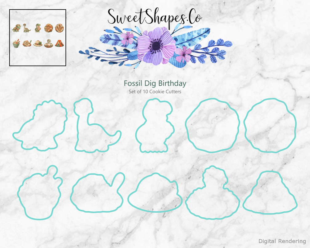 Fossil Dig Birthday Cookie Cutters - Set of 10 - cutting outline overview