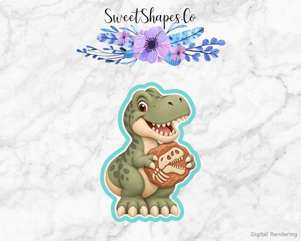 Fossil Dig Friendly T-Rex with Fossil cookie cutter artwork with teal cutting outline - part of the Fossil Dig Birthday set