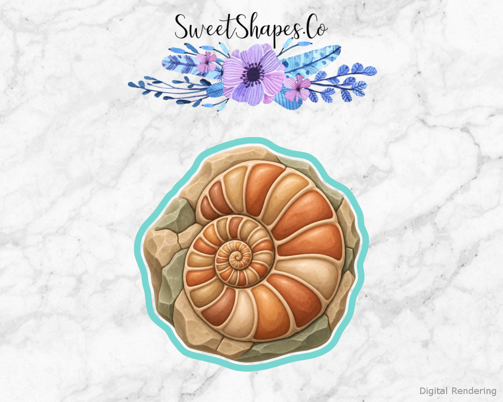 Fossil Dig Ammonite Fossil Rock cookie cutter artwork with teal cutting outline - part of the Fossil Dig Birthday set