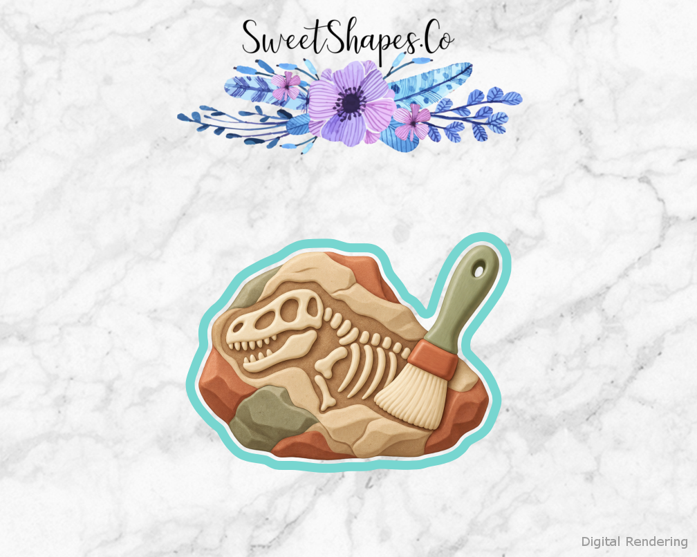 Fossil Dig Fossil Brush and Rock cookie cutter artwork with teal cutting outline - part of the Fossil Dig Birthday set