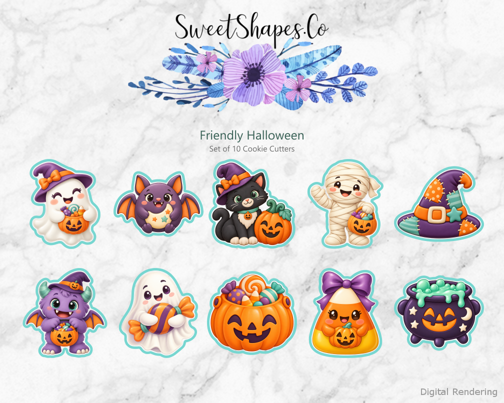 Friendly Halloween Cookie Cutters - Set of 10 - full colour overview with cutting outlines