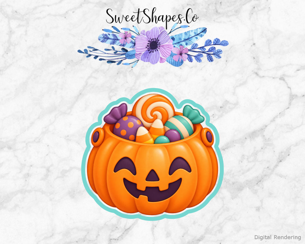 Boo Crew Pumpkin Treat Pail cookie cutter artwork with teal cutting outline - part of the Friendly Halloween set