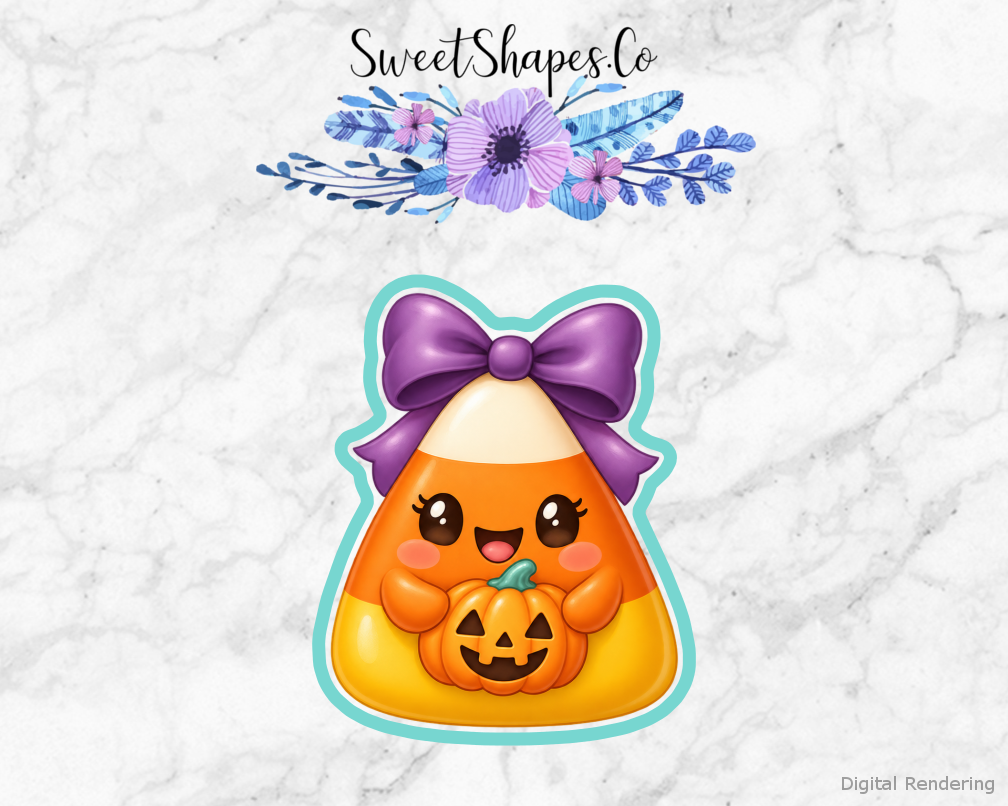 Boo Crew Bow-Topped Candy Corn cookie cutter artwork with teal cutting outline - part of the Friendly Halloween set