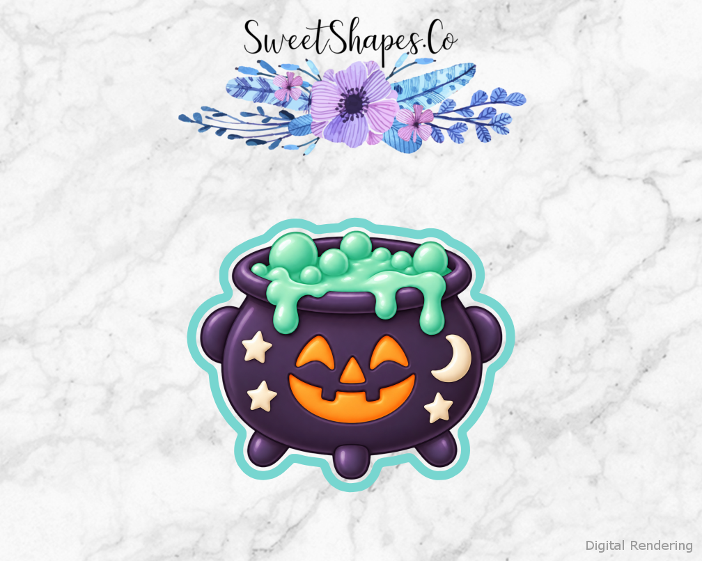 Boo Crew Bubbling Cauldron cookie cutter artwork with teal cutting outline - part of the Friendly Halloween set
