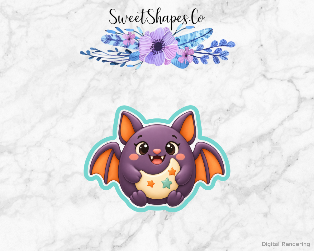 Boo Crew Round Bat With Moon Detail cookie cutter artwork with teal cutting outline - part of the Friendly Halloween set