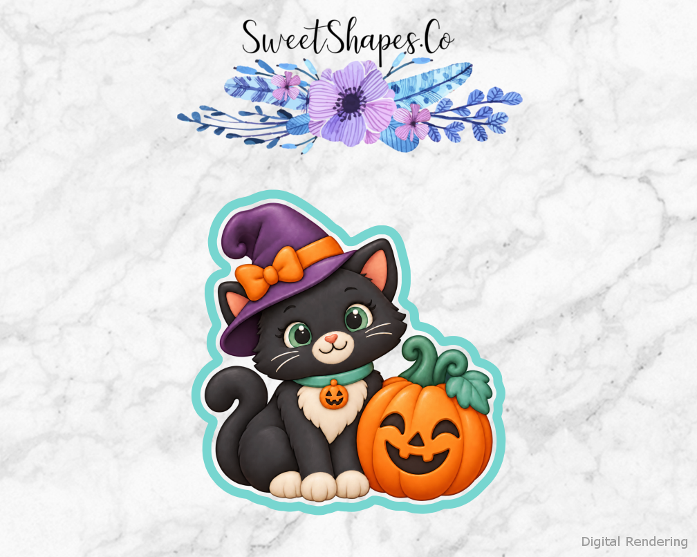 Boo Crew Cat Beside A Pumpkin cookie cutter artwork with teal cutting outline - part of the Friendly Halloween set