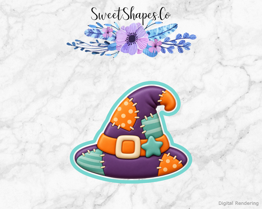 Boo Crew Patchwork Witch Hat cookie cutter artwork with teal cutting outline - part of the Friendly Halloween set