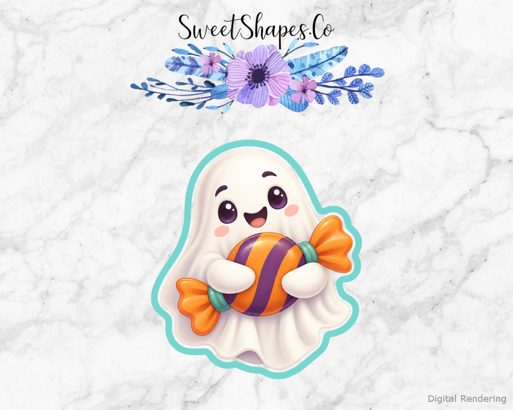 Boo Crew Ghost-Wrapped Candy cookie cutter artwork with teal cutting outline - part of the Friendly Halloween set